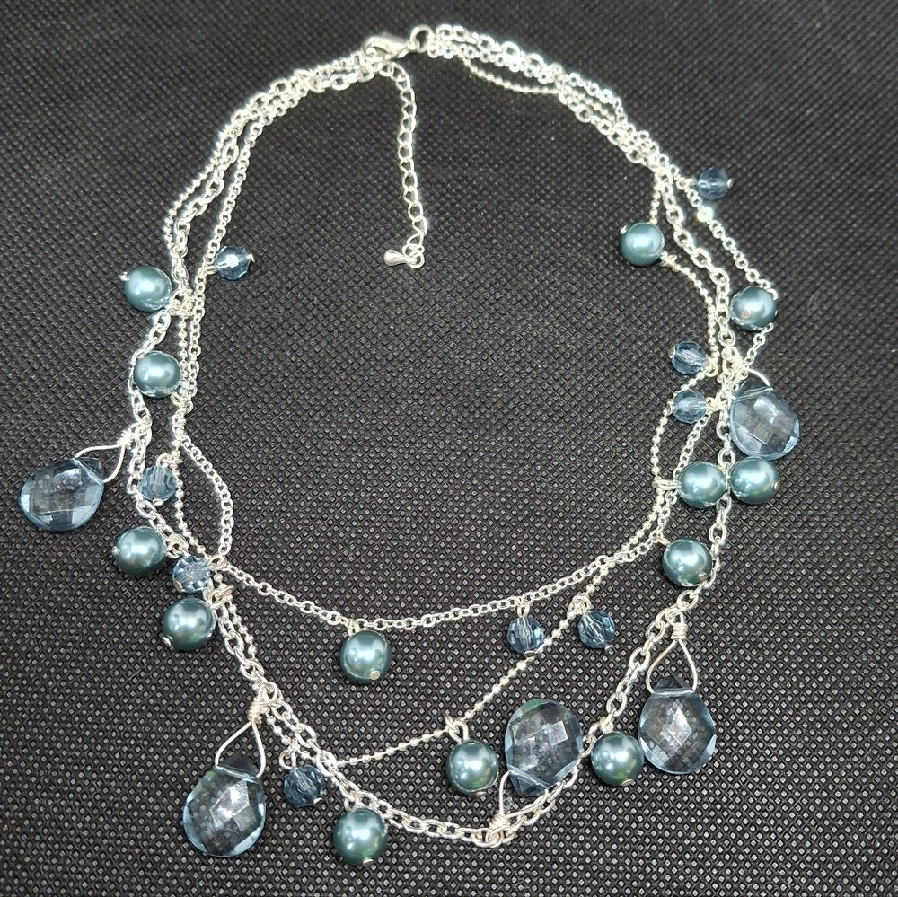 Vintage Silver and Blue Multi-Layer Necklace With Faux Pearls And Glass Beads